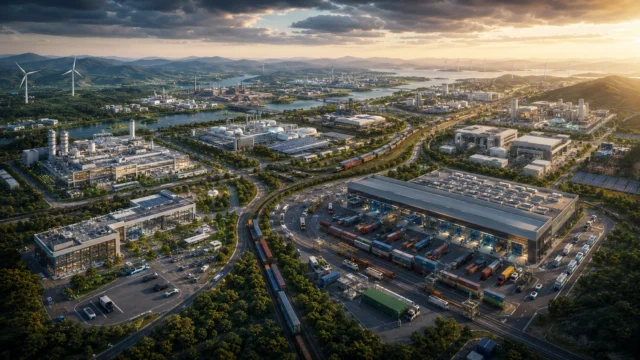 Semiconductor fabs, pharmaceutical plants, precision engineering facilities, distribution centers, renewable energy installations, and automated warehouses are spread across a green industrial landscape, illustrating diversified and resilient supply chains built on trusted economic partnerships rather than single-source production.