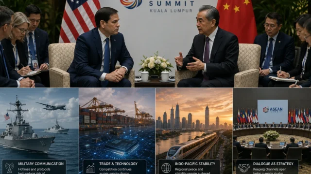 Composite illustration of high-level diplomacy between the United States and China at the ASEAN Summit, featuring senior officials in bilateral talks alongside visuals representing military communication, trade and technology competition, Indo-Pacific stability, and multilateral regional dialogue.