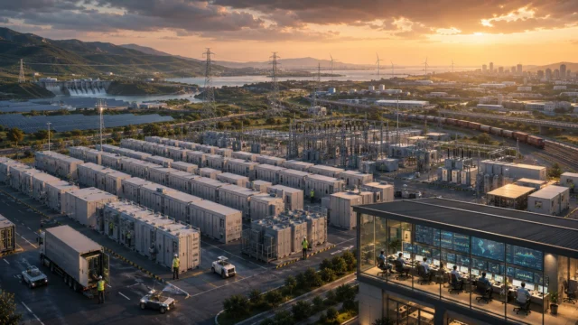 A utility-scale battery energy storage facility connected to high-voltage substations and renewable energy sources, with engineers monitoring grid operations from a modern control center to ensure reliable electricity supply.