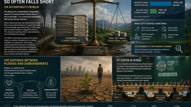 Climate finance accountability landscape showing the gap between international climate finance pledges and actual disbursements, with policymakers, financial tracking systems, development projects, and climate adaptation infrastructure.