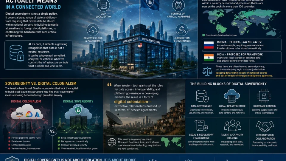 Infographic illustrating digital sovereignty through data localization, domestic cloud infrastructure, critical hardware control, national jurisdiction, and the tension between digital sovereignty and digital colonialism.